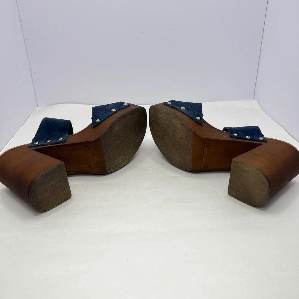 Blue Suede Platform Clog Sandals Women 6.5 Studded Wood Block Heel Boho Festival